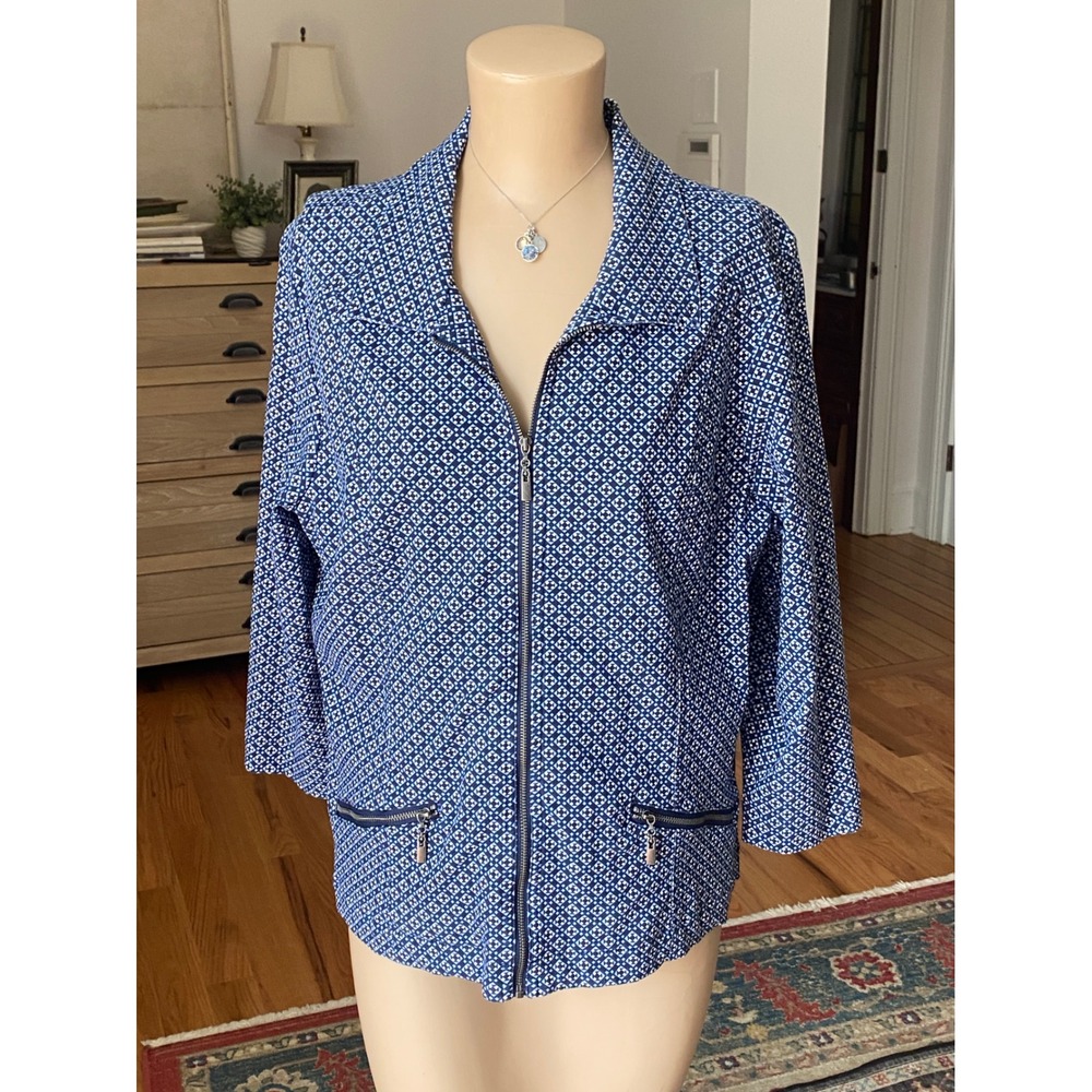 Chicos Navy Blue Geometric Zip Up Jacket Collared 3/4 Sleeve Size 2‎ Large